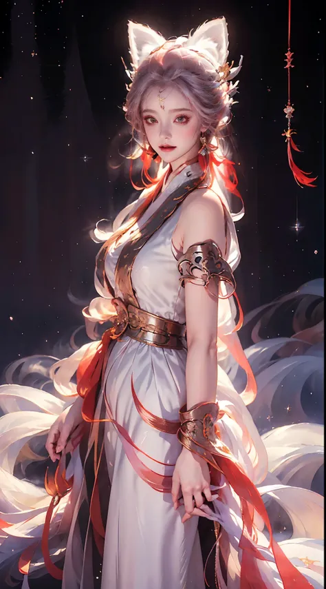 (Masterpiece, top quality, best quality, extreme detail, highest detail, official art, Beauty and Aesthetics: 1.2), Colorful, Denim Shot, Upper Body Shot, Beautiful Face, Perfect Body, On Sky Clouds, Girl with Fox's Tail, Dunhuang Dance, Flowing Streamers,...
