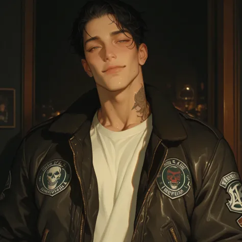 semi-realistic image. a man, he is 22 years old. he has black hair. has a muscular, fit body. has a dark and sharp black color. looks firm and fierce. has a tattoo on his neck. likes wearing a black bomber jacket and white t-shirt. looks calm but also cunn...