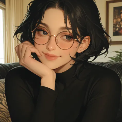 Female anime character with dark black hair. She poses with her chin propped up and smiling slightly. The direction of the side view is looking to the left. She has wavy hair. She wears round glasses. She looks cunning, innocent, sweet, cute and beautiful....
