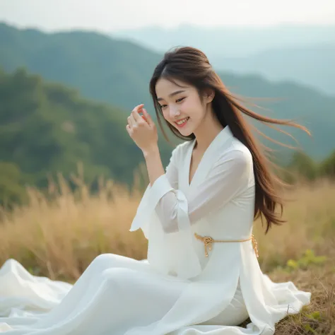 best  quality   image of   A high-quality photograph captures A 4k,wide len , wide shot ,focus on the beautiful face . focus on beautiful eyes  . high-quality photograph of pretty  woman .  she has  long hair flowing freely in the wind.she  wear      in el...