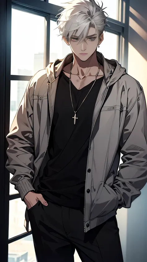 A man with slightly messy white hair stands casually, exuding an air of relaxed fashion. Probably 20 years old, he wears a light grey jacket over a black hoodie, with the jacket sleeves half rolled up, giving him a relaxed and stylish look. A necklace hang...
