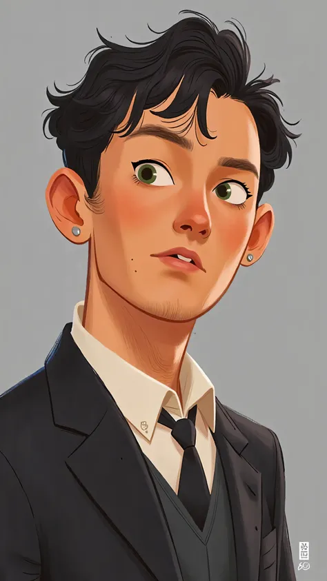 close-up,Portrait,A handsome、Trendy 、Handsome men,short black hair,green eyes,Mature woman about 30 years old in a black suit and white shirt , with a strong posture ;Background gray; illustration style