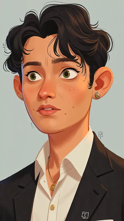 close-up,Portrait,A handsome、Trendy 、Handsome men,short black hair,green eyes,Mature woman about 30 years old in a black suit and white shirt , with a strong posture ;Background gray; illustration style