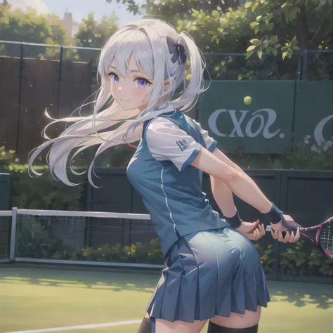 A young female tennis player in a sleek blue outfit stands ready, gripping her racket with both hands in a poised stance. Sunlight accentuates the crisp lines of her attire and the polished strings of the racket. Her determined gaze locks onto an unseen op...