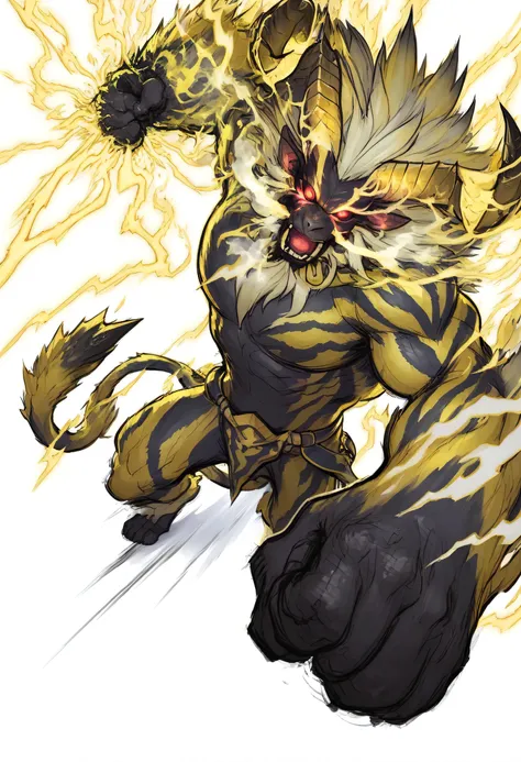 Game monster, sketch, concept art, monkey mandrill, bright color,  Breath steam, black and yellow furr, rajang (monster hunter), red eyes, round eyes , horns,  glowing eyes, muscular, on plain white canvas, rough, thin lines, 2d, concepts art, large, wide ...