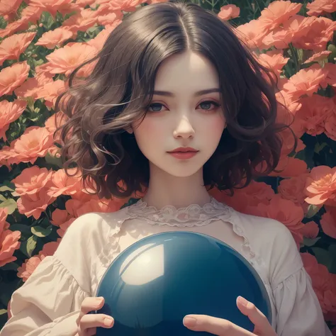 383 (20 year old woman),(short hair),(gentle smile),(high quality photos),( cinematic pictures playing on the lawn ),(colorful),(Crystal Ball),((contrast between light and shade)) ,(Da Vinci )