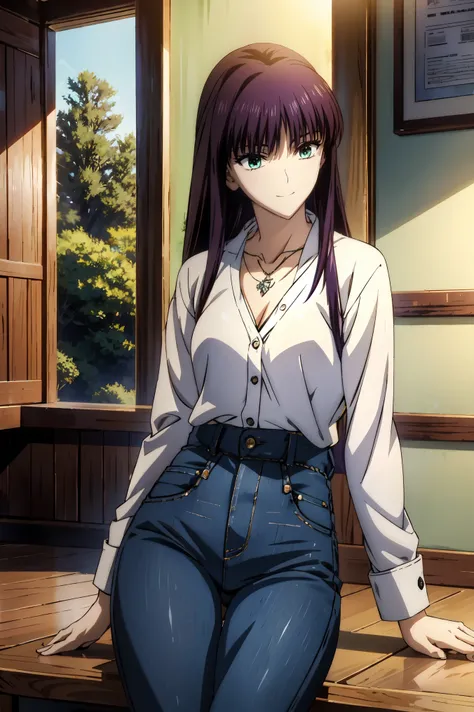 outdoor, downtown,Girl in black,jeansのズボンを着ている少女,青いjeansを着たanime girl ,girl wearing long pants,(((jeans))) ,outside,Anime Moe Art Style , forest city street behind her , smooth animation CG art , , Seductive anime girl , Beautiful Anime High School Girls ,...