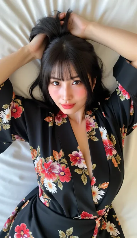 a beautiful woman, lying on your back on the mattress, model jepang, body facing the camera, shirt looks full body, both hands raised above the head, Use long kimono in black floral print, payudara besar, bibir merah