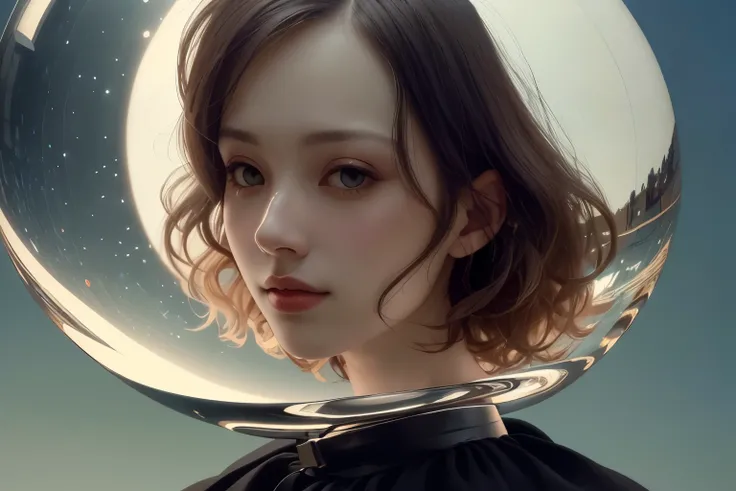 383 (20 year old woman),(short hair),(gentle smile),(high quality photos),( cinematic pictures playing on the lawn ),(colorful),(Crystal Ball),((contrast between light and shade)) ,(Da Vinci )