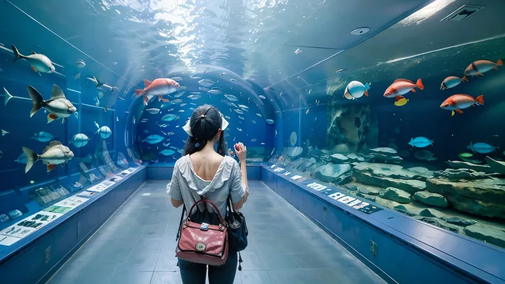 The supergiant aquarium of the future,is full of colorful creatures I've never seen before swimming,Super giant aquarium,A 100m water tank that is enough to look up,girl is looking up on her shoulder,