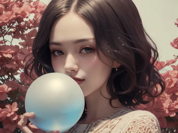 383 (20 year old woman),(short hair),(gentle smile),(high quality photos),( cinematic pictures playing on the lawn ),(colorful),(Crystal Ball),((contrast between light and shade)) ,(Da Vinci )