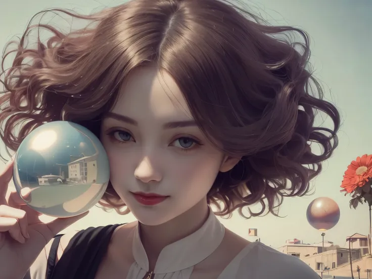 383 (20 year old woman),(short hair),(gentle smile),(high quality photos),( cinematic pictures playing on the lawn ),(colorful),(Crystal Ball),((contrast between light and shade)) ,(Da Vinci )