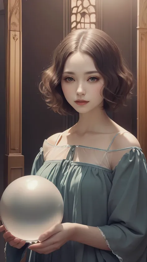 383 (20 year old woman),(short hair),(gentle smile),(high quality photos),( cinematic pictures playing on the lawn ),(colorful),(Crystal Ball),((contrast between light and shade)) ,(Da Vinci )