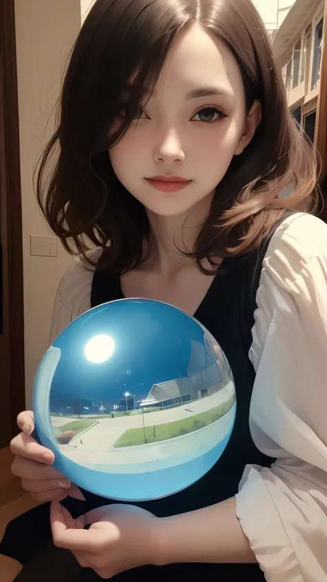383 (20 year old woman),(short hair),(gentle smile),(high quality photos),( cinematic pictures playing on the lawn ),(colorful),(Crystal Ball),((contrast between light and shade)) ,(Da Vinci )