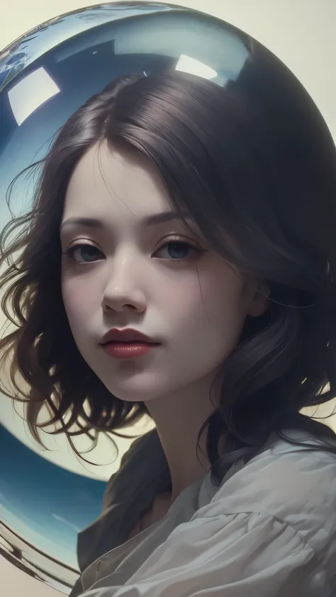 383 (20 year old woman),(short hair),(gentle smile),(high quality photos),( cinematic pictures playing on the lawn ),(colorful),(Crystal Ball),((contrast between light and shade)) ,(Da Vinci )