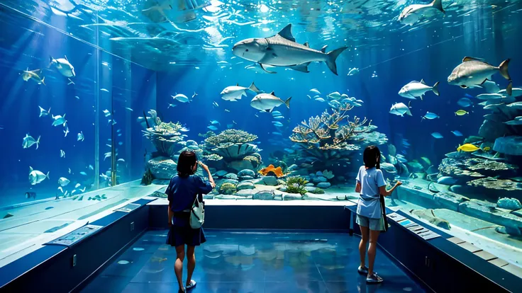 Large, dimly illuminated aquarium, while light dances through the water , watching schools of enchanting fish swimming in a huge tank . soft blue surface , while couples and families are taking a leisurely walk , Point excitedly at the colorful creatures ,...
