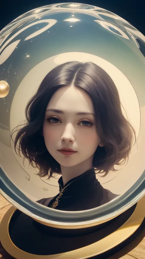 383 (20 year old woman),(short hair),(gentle smile),(high quality photos),( cinematic pictures playing on the lawn ),(colorful),(Crystal Ball),((contrast between light and shade)) ,(Da Vinci )