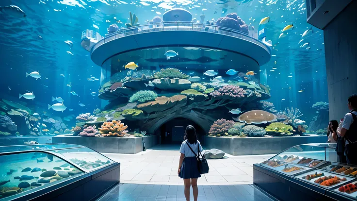 A big, dimly illuminated aquarium, while light dances through the water , watching schools of enchanting fish swimming in a huge tank . soft blue surface , while couples and families are taking a leisurely walk , Point excitedly at the colorful creatures ,...