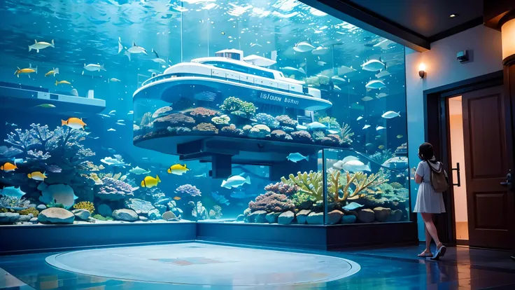 Large, dimly illuminated aquarium, while light dances through the water , watching schools of enchanting fish swimming in a huge tank . soft blue surface , while couples and families are taking a leisurely walk , Point excitedly at the colorful creatures ,...