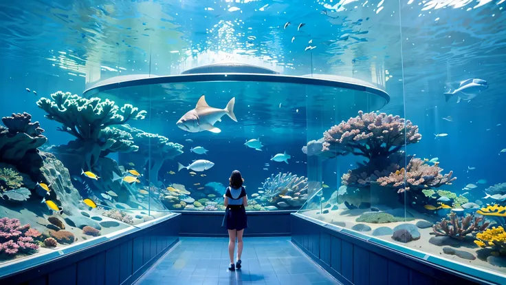 Large, dimly illuminated aquarium, while light dances through the water , watching schools of enchanting fish swimming in a huge tank . soft blue surface , while couples and families are taking a leisurely walk , Point excitedly at the colorful creatures ,...