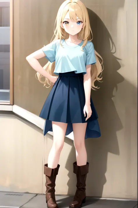 1girl, standing (Anatomically Correct body 1.6 ) Blonde anime girl with long hair of (yellow eye Navy blue t-shirt and light blue skirt (color) And brown boots 1.6)