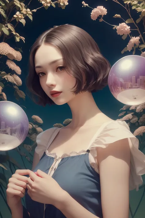383 (20 year old woman),(short hair),(gentle smile),(high quality photos),( cinematic pictures playing on the lawn ),(colorful),(Crystal Ball),((contrast between light and shade)) ,(Da Vinci )