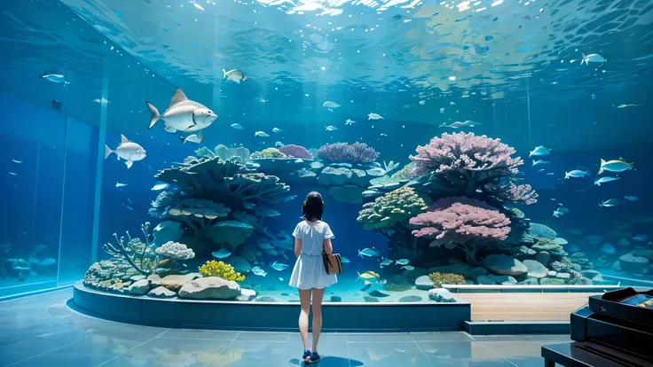 Large, dimly illuminated aquarium, while light dances through the water , watching schools of enchanting fish swimming in a huge tank . soft blue surface , while couples and families are taking a leisurely walk , Point excitedly at the colorful creatures ,...