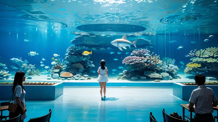Large, dimly illuminated aquarium, while light dances through the water , watching schools of enchanting fish swimming in a huge tank . soft blue surface , while couples and families are taking a leisurely walk , Point excitedly at the colorful creatures ,...