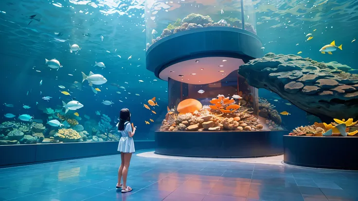 Large, dimly illuminated aquarium, while light dances through the water , watching schools of enchanting fish swimming in a huge tank . soft blue surface , while couples and families are taking a leisurely walk , Point excitedly at the colorful creatures ,...