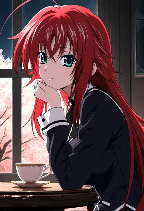 1Girl, Solo, Rias Gremory, Long Crimson hair, cyan eyes, wearing Kuoh School uniform, sitting at a table, window behind her, side view, looking at viewer, chin resting on one hand, calm curious expression, cup of tea on the table, round table of polished w...