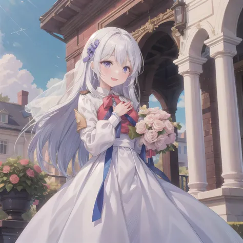 A breathtakingly beautiful 20-year-old woman stands in the courtyard of a luxurious mansion beneath a clear blue sky. She wears a white and blue wedding dress, holding a red bouquet gracefully in front of her chest. Her radiant smile and joyful expression ...
