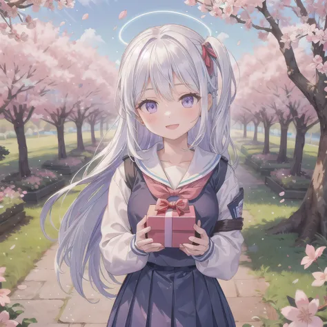 A breathtakingly beautiful 20-year-old woman stands in a lush park filled with cherry blossoms in full bloom beneath a clear blue sky. She wears a classic sailor uniform and gently holds a small, neatly wrapped gift box adorned with a red ribbon. Her radia...