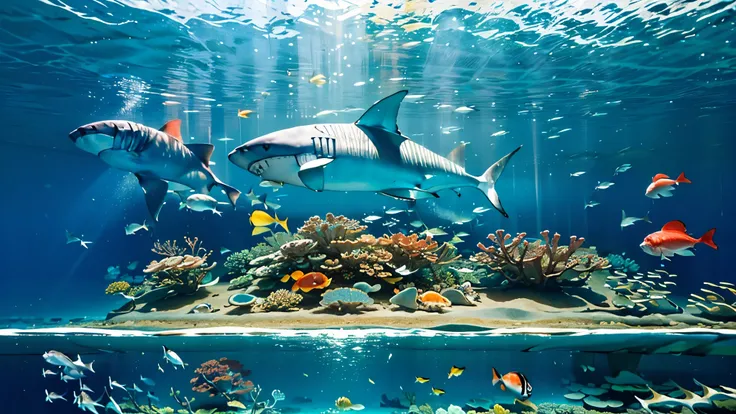 Large, dimly illuminated aquarium, while light dances through the water , watching schools of enchanting fish swimming in a huge tank . soft blue surface , (Majestic rays, giant sharks, and large colorful tropical fish are swimming in the tank:1.5), Colour...