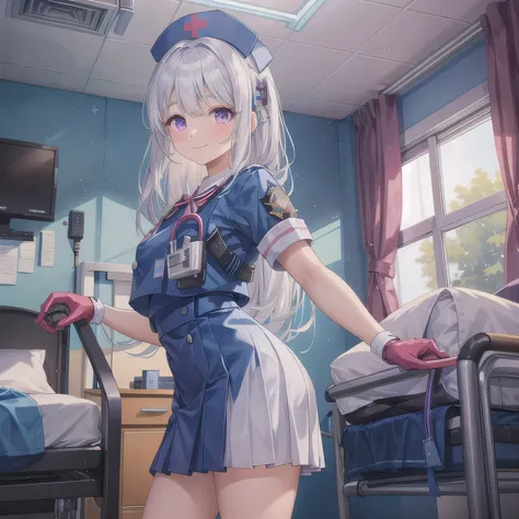 A breathtakingly beautiful 20-year-old woman stands in a warmly lit hospital room, dressed in a white mini-skirt nurse uniform with a matching cap. Her shy smile adds a touch of charm, while the surrounding medical equipment and furnishings create an authe...