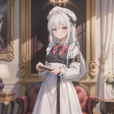 A breathtakingly beautiful 20-year-old woman stands in an opulent mansion room, dressed in a classic black-and-white maid outfit with a short hem and a white brim cap. Her confident smile radiates warmth. The room features elegant furnishings and decor bef...