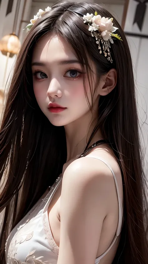 A breathtakingly beautiful fallen angel with [specific feather color, e.g., obsidian black] wings that show subtle hints of [secondary color, e.g., deep violet] at the edges. Her expression is one of melancholic defiance, with piercing [eye color, e.g., si...
