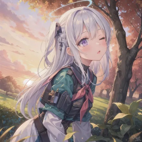 A breathtakingly beautiful 20-year-old woman stands in a lush green park at sunset, bathed in the warm golden light of the evening sun. Facing forward, her eyes gently closed, cheeks slightly flushed, and her face tilted upward as if anticipating a kiss, s...