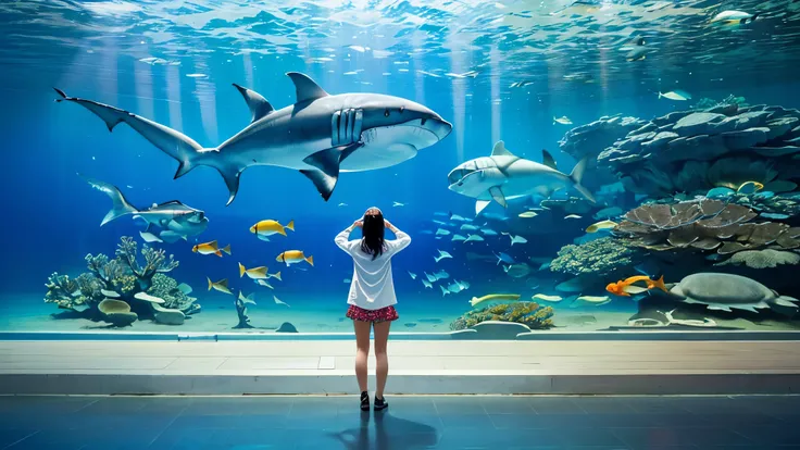 Large, dimly illuminated aquarium, while light dances through the water , watching schools of enchanting fish swimming in a huge tank . soft blue surface , (Majestic rays, giant sharks, and large colorful tropical fish are swimming in the tank:1.5), Colour...