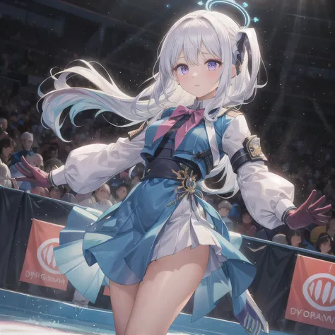 A breathtakingly beautiful 20-year-old woman glides dynamically across the ice rink, dressed in an exquisitely detailed and elegant figure skating costume. Her graceful movements exude both power and finesse as she carves intricate patterns into the ice. T...