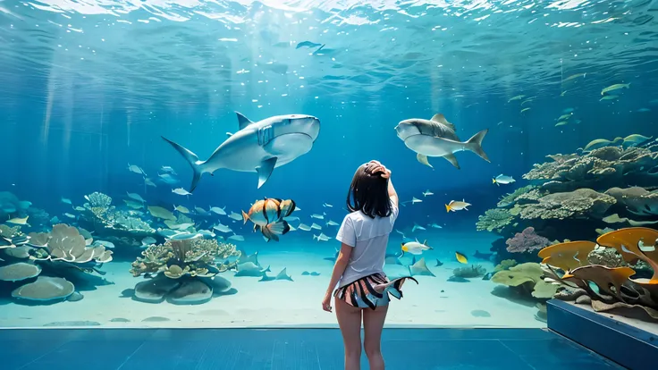 Large, dimly illuminated aquarium, while light dances through the water , watching schools of enchanting fish swimming in a huge tank . soft blue surface , (Majestic rays, giant sharks, and large colorful tropical fish are swimming in the tank:1.5), Colour...