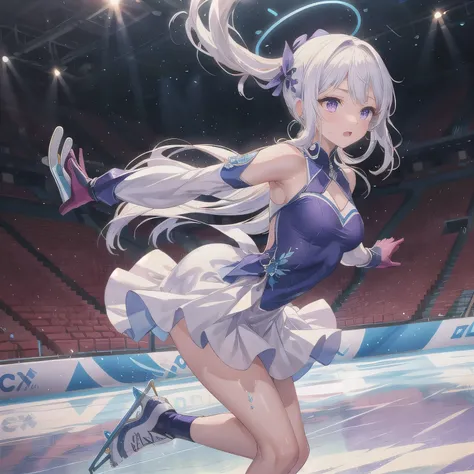 Depict a 20-year-old, stunningly beautiful woman gracefully gliding across the ice in a grand skating arena. She wears an elegant and intricately designed figure skating dress, adorned with shimmering details that reflect the arena lights. Her expression i...
