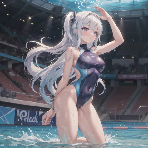 Depict a 20-year-old, breathtakingly beautiful woman performing synchronized swimming in a crystal-clear pool. She wears a stunning, form-fitting swimsuit adorned with sparkling embellishments, designed for both elegance and functionality. Her body moves i...