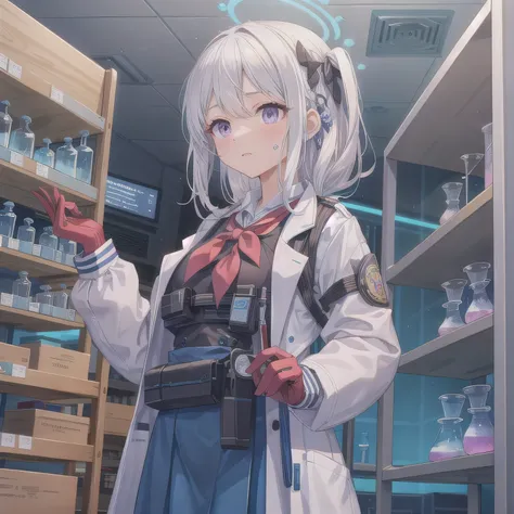Depict a 20-year-old, stunningly beautiful woman conducting an experiment in a well-equipped science lab. She wears a pristine white lab coat over professional attire, her expression focused as she carefully handles scientific instruments. Whether her hair...