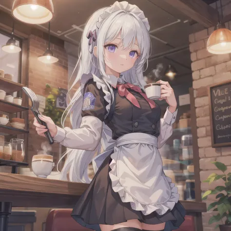 A girl is working as a waitress in a cozy cafe. She's wearing a classic maid outfit. The air feels warm and calm, and it's like you can almost smell the coffee through the picture. White hair, long hair, purple eyes.