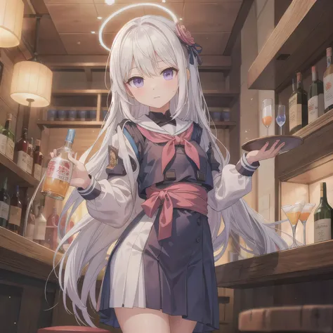 A 2D anime-style illustration. The scene is set inside a dimly lit, cozy Japanese "snack" bar. The lighting is soft and warm, with gentle shadows creating a relaxed, moody atmosphere. Bottles of liquor line the shelves behind the bar, and small round table...
