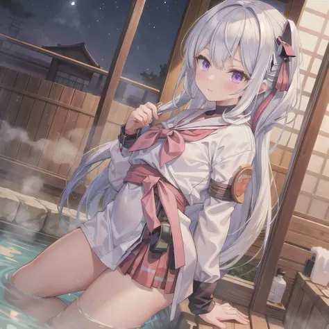 The background is a traditional Japanese public bathhouse (sento). The character is wrapped in a towel around the body, preparing to enter the bath. White hair, long hair, purple eyes.