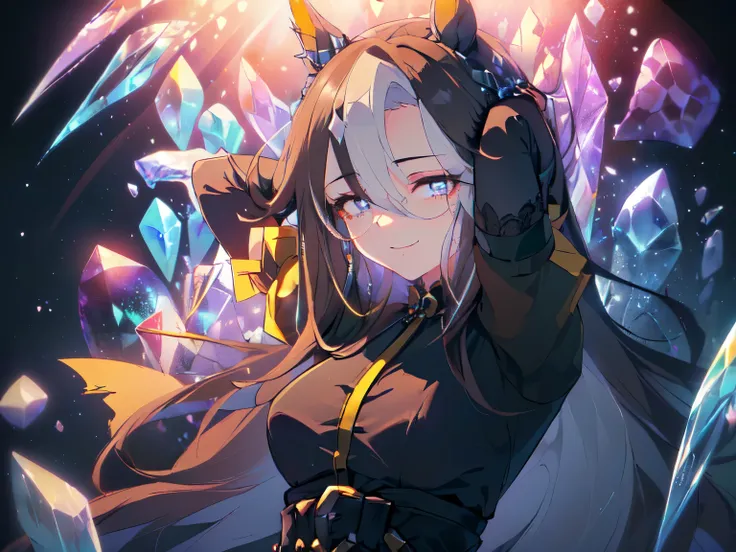 (Theme "Attractive Villain": 1.5), (Solo, Solo, Adult, Female, Horse Ears, Round Breasts, Black Hair, Mesh Hair, Very Long Hair, No Ears, Sitting with Arms Behind Head, Archaic Smile, Looking Down with Dreamy and Devilish Expression, Blue Short Sleeve Lace...