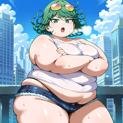 score_8_up, score_7_up, score_6_up, score_5_up, score_4_up, anime screenshot, looking at viewer, upper body, 1girl, tatsumaki, green hair, green eyes, short hair, curly hair, thighs, looking at viewer, white tank top, Micro Denim high- leg Shorts, tuck in,...