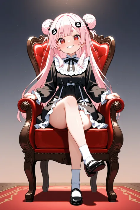 masterpiece, best quality, high resolution,4K, highly detailed, ultra detailed, ((detailed beautiful eyes)), full body, Alone, 1 girl, light pink hair, small double bun hair, half twin hair, long hair, hime cut, thin oval eyebrows, Red Eyes, (( bangs Panda...