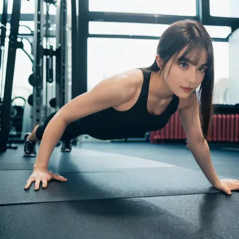 A person doing a plank exercise on a mat in a fitness gym, minimal equipment, bright interior. dark hair, long hair, dark eyes.